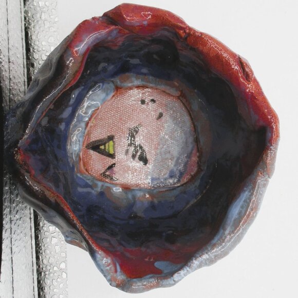 Handmade Abstract Wolf Pottery Bowl Blue & Brown Glaze Signed - Picture 2 of 5